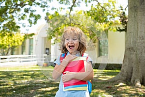 Back to school. Child with rucksacks standing in the park near school. Pupils with books and backpacks outdoors.