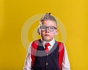 Back to school. Child in uniform with big bag. Funny schoolboy in glasses standing read to go to school Science and