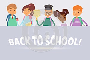 Back to school children vector illustration. Cute multinational pupils with backpacks at lesson with prise goblet. Boys photo