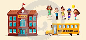 Back to school. Children on the yard. Cartoon vector illustration