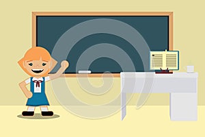 Back to school classes. Student girl in school uniform. Expose in front of the blackboard. Flat style design