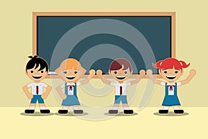 Back to school classes. Two students girls and two schoolboys in school uniforms expose in front of the blackboard. Flat style