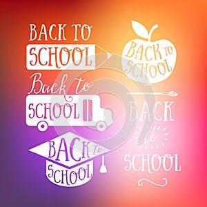 Back to school colorful doodle lettering signs: bus, apple, pencil. Back to school logo. Greeting card. School cartoon hand letter