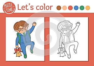Back to school coloring page for children. Cute funny schoolboy with bell. Vector classroom outline illustration. Autumn color