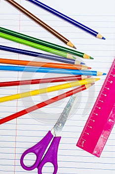 Back to School. Colour pencils. Stationery. Notebook.
