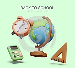 Back to school. Composition with globe, orange clock, calculator, wooden ruler