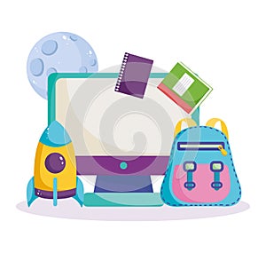 Back to school, computer online backpack books rocket planet science elementary education cartoon