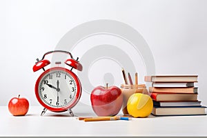 Back to school concept. Alarm clock, books, apple and pencils on white background, Orange alarm clock with red apple and school