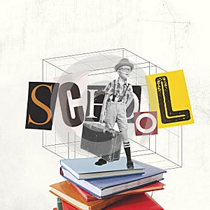 Back to school concept. Art collage with cute school age boy isolated on light background with cut out letters in