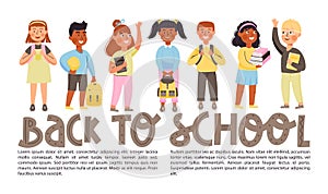 Back to school concept banner with copy space. Elementary school students different ethnicities with books and backpacks.