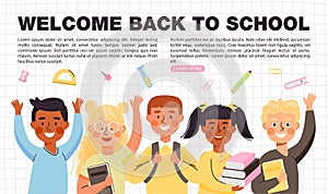 Back to school concept banner with copy space. Elementary school students different ethnicities with books, backpacks.