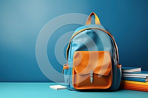 Back to school concept on blue background. Modern school bag, books, accessories and colorful pencils with abacus 3D Render 3D