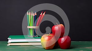 Back to school concept. Close-up photo of colorful crayons red apple and