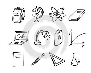 Back to school concept doodle,hand drawn sketch,items for education, learning subjects.Freehand minimalistic design, child drawing