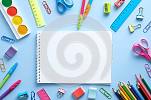 Back to school concept. Flat lay style composition with stationery and notepad on blue background. Top view, overhead