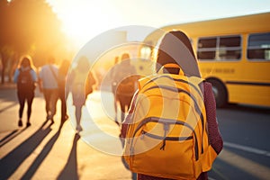 Back to school concept. Generated by AI. A group of schoolchildren goes to the yellow bus stop to get on the bus and go