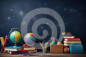 Back to school concept with globe, books and pencils on wooden table, school supplies with chalkboard, back to school concept, AI