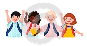 Back to school concept. Group of smiling multicultural pupils with backpacks. Happy kids characters. Flat cartoon style vector