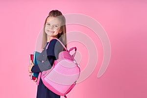 Back to school concept Half turned photo portrait of lovely confident beautiful clever girl with copybook notebook