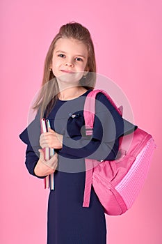 Back to school concept Half turned photo portrait of lovely confident beautiful clever girl with copybook notebook