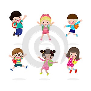 Back to school concept, happy kids jumping at school, group of children and friends go to school isolated on white background