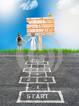 Back to school concept with hopscotch and children