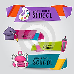 Back to school concept. Horizontal banner template set. Modern hand drawn doodle design.