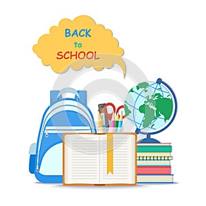 Back to school concept. Open book with a bookmark and school supplies such as a globe, stationery set. Flat Education Concept