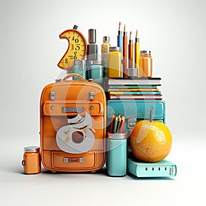 Back to school concept with orange suitcase and stationery 3d render on gray background Ai generative photo