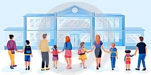 Back to school concept. Parents walk with their children by the hand to school, back view. Vector illustration