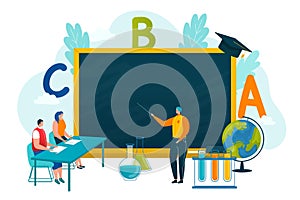 Back to school concept, pupil writes with chalk in blackboard in school class vector illustration. Children learning in