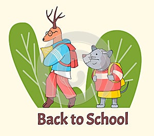 Back to school concept, pupils animals deer and mouse with backpacks, cute cartoon characters