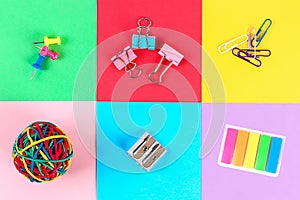 Back to school concept. school supplies abstract colorful background texture