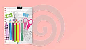 Back to school concept with school supplies and blank note paper on pink background with copy space for text