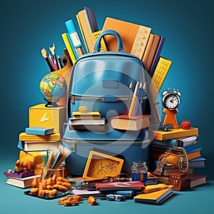 Back to school concept. School supplies on blue background. 3d illustration Ai generative