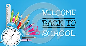 Back to school concept with school supplies on blue background. Vector illustration