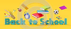 Back to school concept with school supplies on yellow background 3D Render