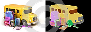 Back to school concept school supply flying in air around yellow bus 3d illustration on white with alpha