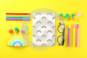 Set of school supplies on paper textured background