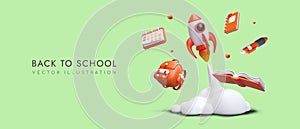 Back to school concept. Space rocket goes on journey among stationery