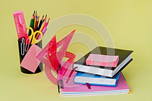 Back to school concept with space for text. Copy space. School office supplies.Creative desk with colourful stationery. Colored