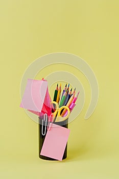 Back to school concept with space for text. Copy space. School office supplies.Creative desk with colourful stationery. Colored