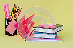 Back to school concept with space for text. Copy space. School office supplies.Creative desk with colourful stationery. Colored