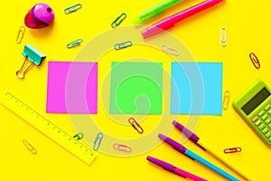 Back to school concept with space for text. Top view. Copy space. School office supplies.Creative desk with colourful stationery.