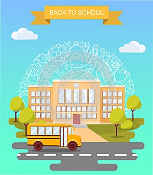 Back to school concept vector poster. School bus with building on background. City primary and high school. Education