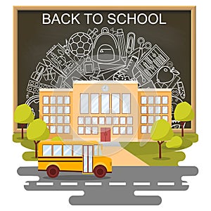 Back to school concept vector poster. School bus with building and blackboard on background. City primary and high