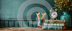 Back to school concept with vintage books, alarm clock, and colorful pencils on a wooden desk