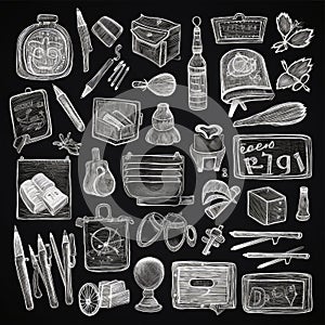 Back to school concept, white chalk drawn doodles. Black background made of line icons. Abstract stationery concept