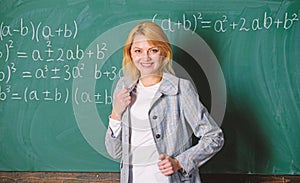 Back to school concept. Woman smiling educator classroom chalkboard background. Working conditions which prospective