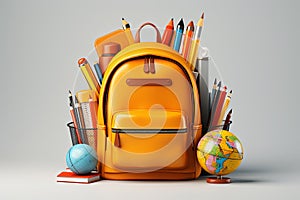 Back to school concept, yellow backpack, book and stationery supplies on classroom desk with education equipment and chalkboard